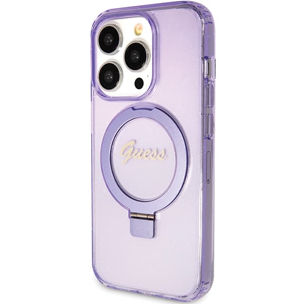 Guess Ring Stand Script Glitter MagSafe-etui til iPhone 15 Pro, lilla/lilla