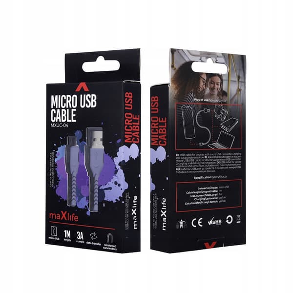 Maxlife USB - microUSB typ B laddningskabel 1 m lila