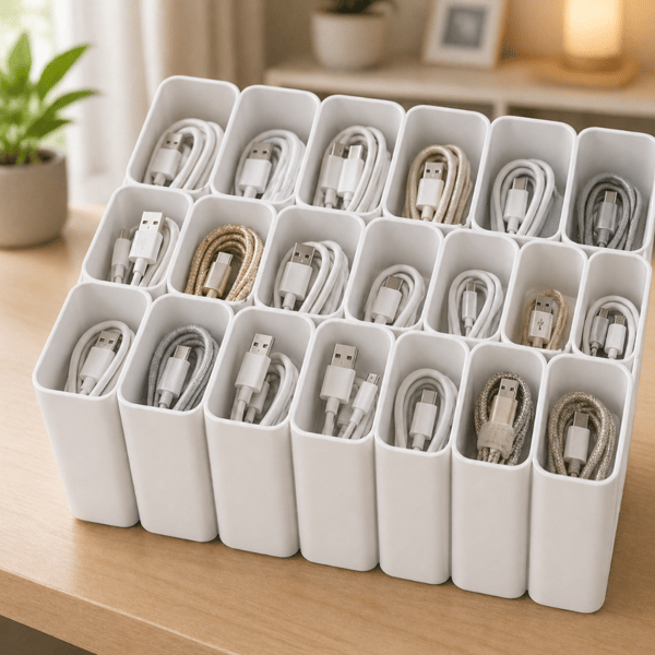 USB-kabelorganisator hvid skuffeopladerholder