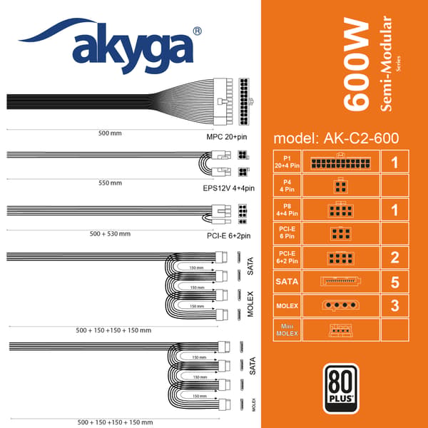 AK-C2-600 600W 80 Plus Semi-Modulær ATX Strømforsyning