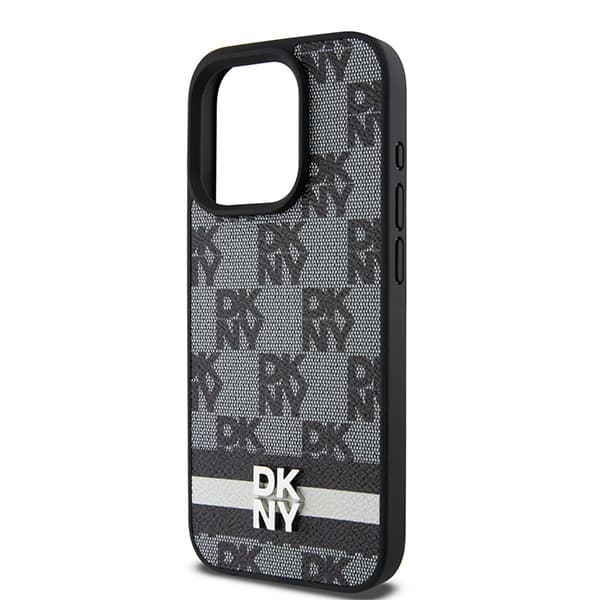 DKNY Læderetui med Ternet Monomønster og Trykte Striber til iPhone 15 Pro Max, Sort