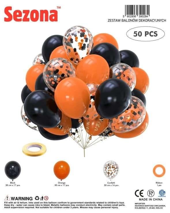 Sorte, orange balloner, konfetti 50 stk.