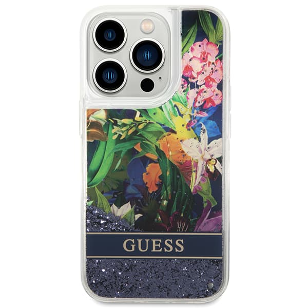 Guess Flower Liquid Glitter cover til iPhone 14 Pro Max, blå