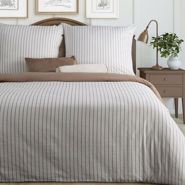 RAYA sengesæt, hvide og beige striber, 140x200 satin