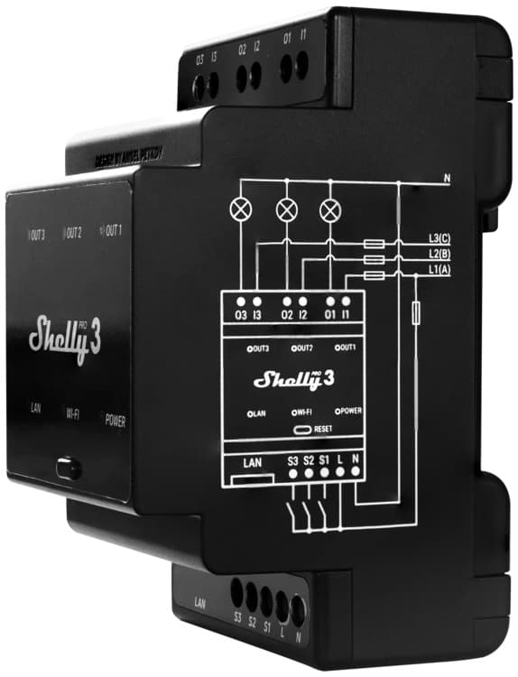 Shelly "Pro 3" Smart Switch WLAN- ja LAN-kytkentäasema 3 x 16 A