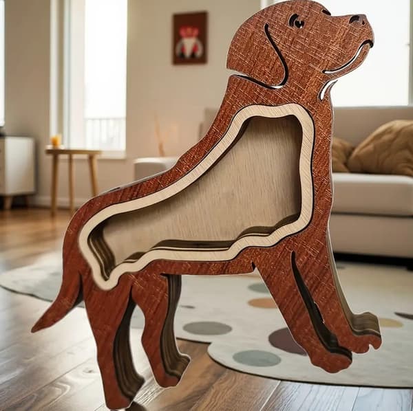 Trälåda med hundhårsram, souvenirfigur