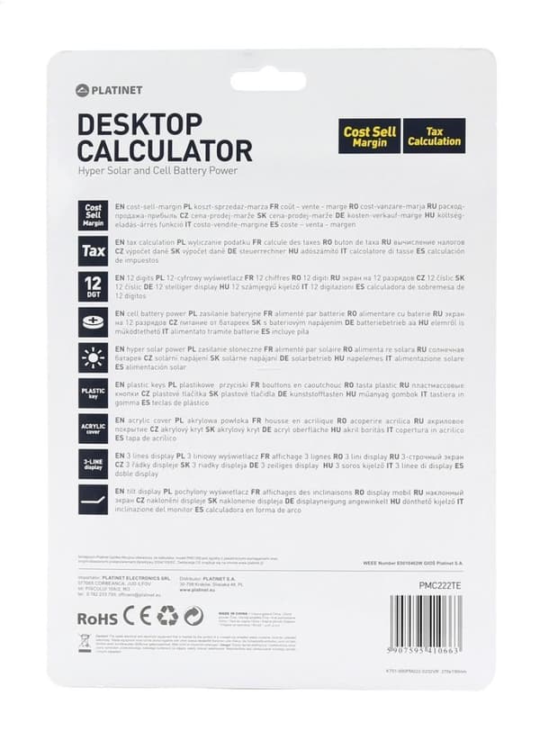PLATINET KALKULATOR KALKULATOR 12D SKATTEMÆRKE 3 LINJER DISPLAY [41066]