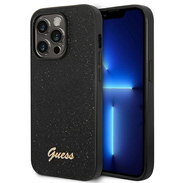 Guess Glitter Script -suojakuori iPhone 14 Prolle, musta