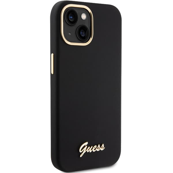 Guess Silikone Metal Logo & Ramme Etui til iPhone 15, Sort