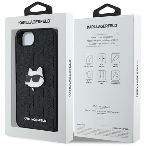 Karl Lagerfeld Monogram Choupette Head Pin Cover til iPhone 16e, sort