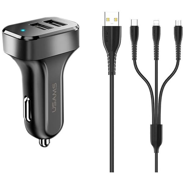 USAMS Biloplader 2xUSB C13 2.1A 3i1 (microUSB/USB-C/lightning) sort/sort NTU35YTSC13TZ