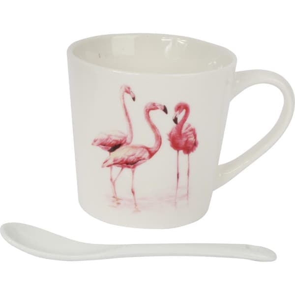 Flamingo keramisk mugg och sked presentset