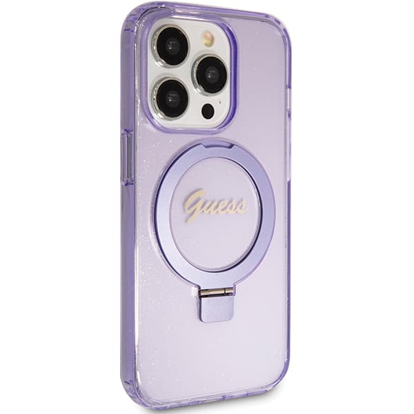 Guess Ring Stand Script Glitter MagSafe-etui til iPhone 15 Pro, lilla/lilla