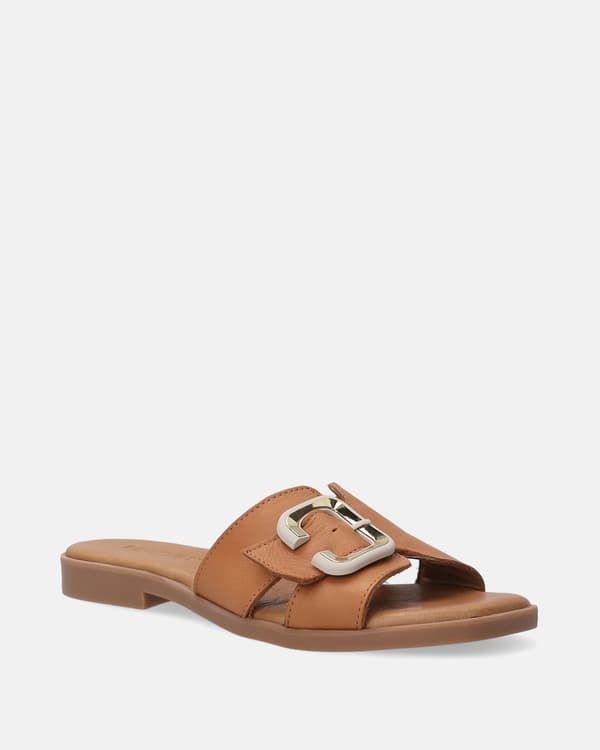 Bruna läderflip-flops med guldspänne Bruna läderflip-flops med guldspänne 36