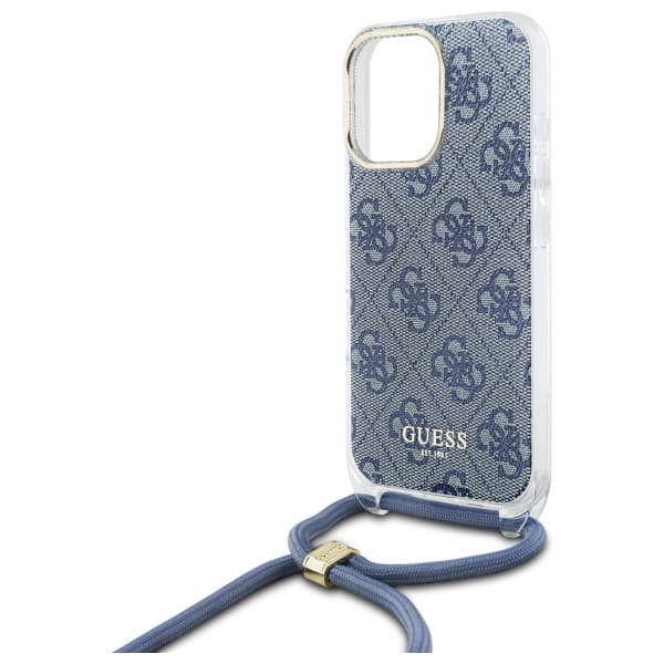 Guess Crossbody Cord 4G Print-etui til iPhone 16 Pro, blå