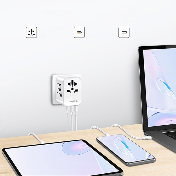 LogiLink 20W PD USB-oplader rejseadapter 4 USB-C/A-porte 200 lande