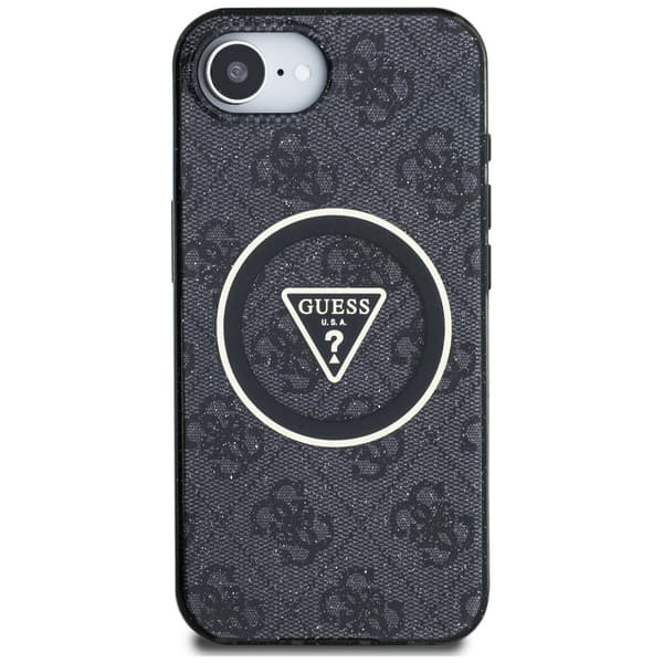 Guess IML Metal Glitter 4G Circle Triangle MagSafe-etui til iPhone 16e, sort