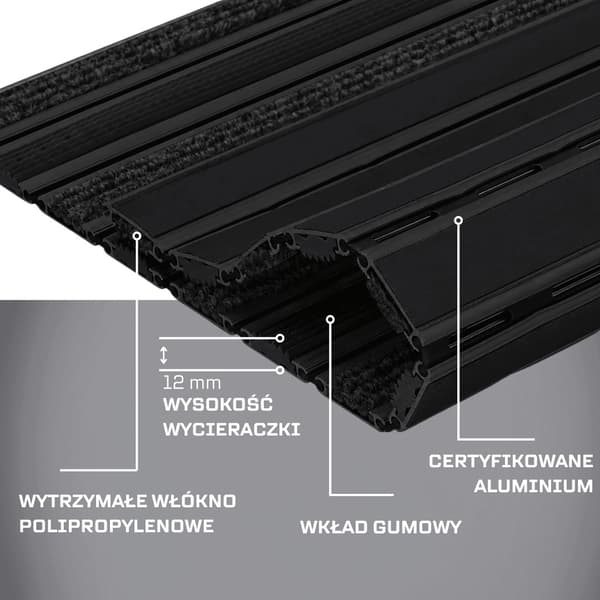 POLENTEX PREMIUM SORT DØRMÅTTE Combi Junior 12 GUMMIGREP 100x60 RAMME