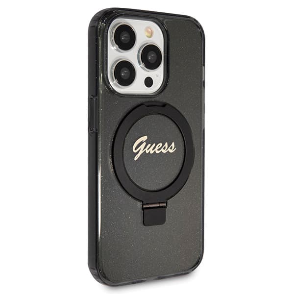 Guess Ring Stand Script Glitter MagSafe -kotelo iPhone 13 Prolle / 13:lle, musta