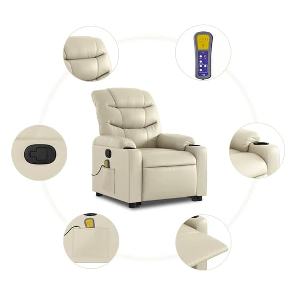 vidaXL Lyftbar massagefåtölj, krämfärgad, konstläder