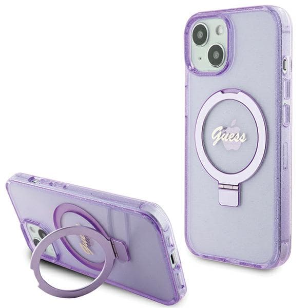 Guess Ring Stand Script Glitter MagSafe-etui til iPhone 15 Plus, lilla/lilla
