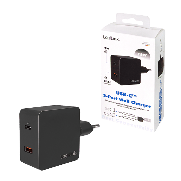 LogiLink USB-reseadapter 1xUSB-C PD + 1xUSB-A QC 18W snabbladdning