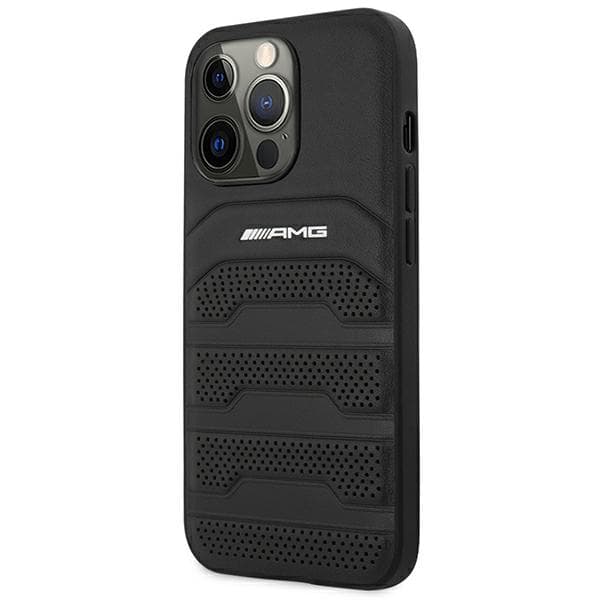 AMG lædercover med prægede linjer og sort logo til iPhone 14 Pro Max, sort