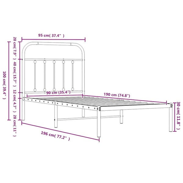 vidaXL metalsengestel med hovedgærde sort 90x190 cm