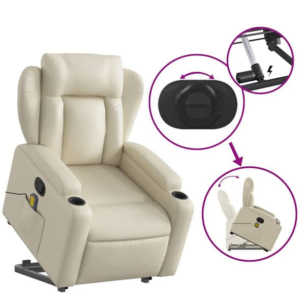 vidaXL Lyftbar massagefåtölj, krämfärgad, konstläder
