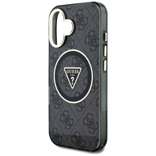 Guess IML Metal Glitter 4G Circle Triangle MagSafe-etui til iPhone 16, sort