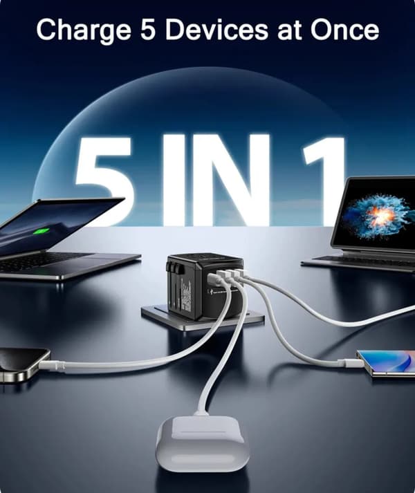 sort rejseadapter LENCENT-stik, 4x USB-oplader inklusive 1 USB C