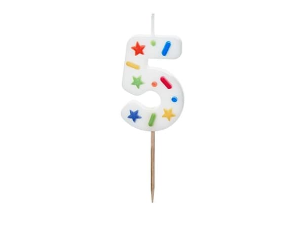 Fødselsdagslys 5 hvide konfetti 5,5 cm