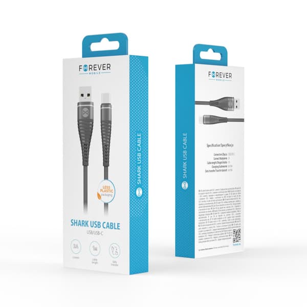 Forever Shark USB - USB-C Kabel 1,0 m 2A SORT
