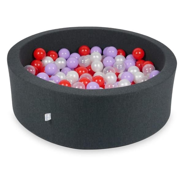 Tør pool 90x30cm grafit med 200 bolde: transparent, perlemor, lyng, rød