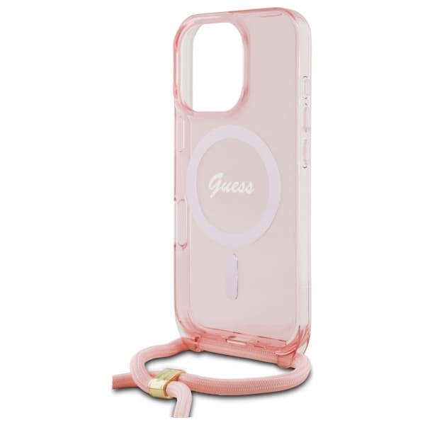 Guess Crossbody Cord Script MagSafe-etui til iPhone 16 Pro, lyserød