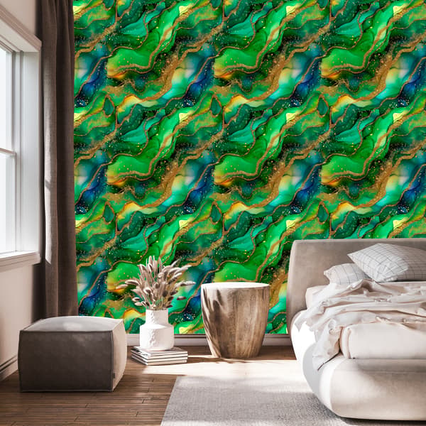 Musteenvihreä, pullonvihreä, merenvihreä ja keltainen tapetti 50x1000 cm