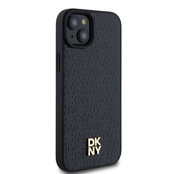 DKNY Lædermonogrammønster Metal Logo MagSafe-etui til iPhone 15 Plus, Sort