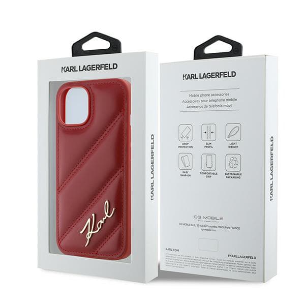 Karl Lagerfeld Diagonal Quilted Script-cover til iPhone 15, rød