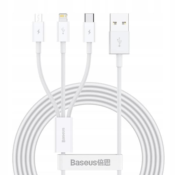 Baseus 3i1 Superior USB-Lightning + USB-C + microUSB Kabel 1,5m 3,5A Hvid