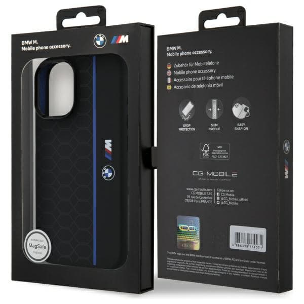 BMW Silikone Hexagon Blue Line MagSafe-etui til iPhone 16, Sort