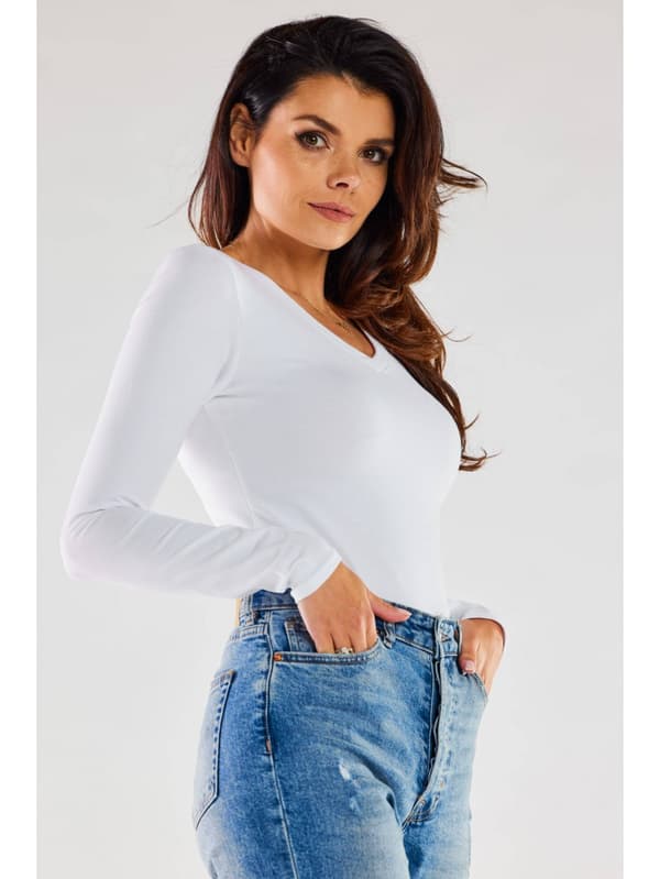 Basis bomuldsbluse med V-hals, hvid M