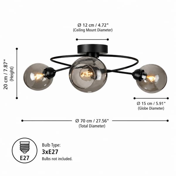 Loftlampe 3xE27 Lyra Sort/Røget