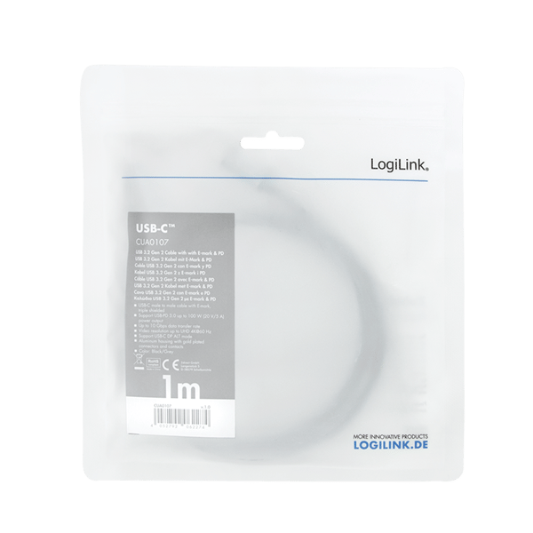 USB-C-kabel, 3.2 Gen2, LogiLink, 100W PD, 4K, aluminium, E-märkt, videodata