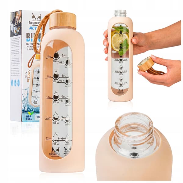 Glasvattenflaska 1000 ml med silikonfodral (beige)