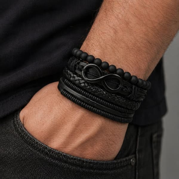 Herrarmband i läder, svart flätat justerbart presentarmband