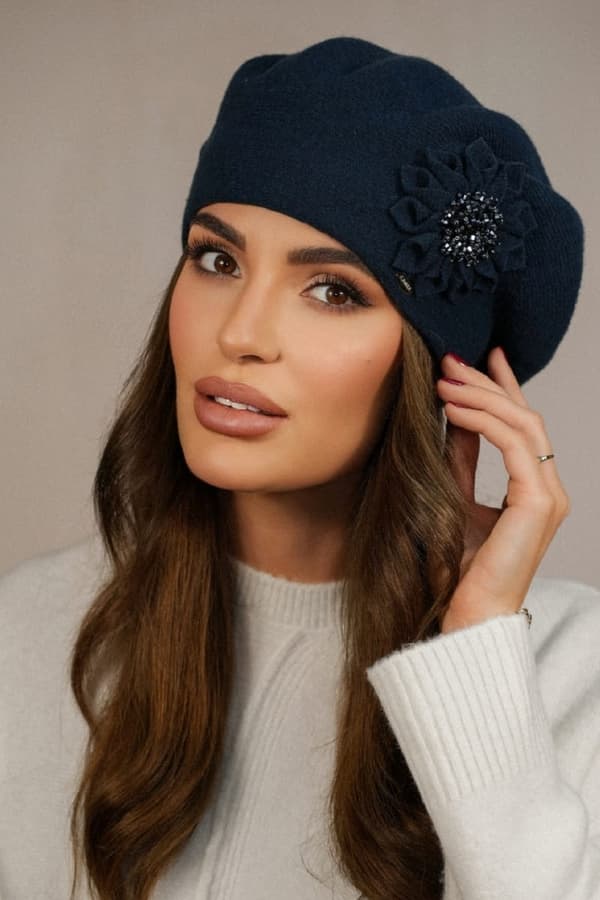 Dame vinteruld baret marineblå turkis cameo-peony