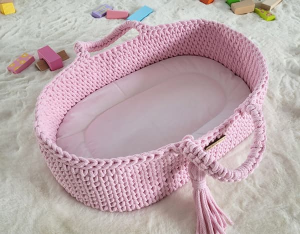 Moses Basket BOHO Bomullsdockbärare med Trävagga - Rosa