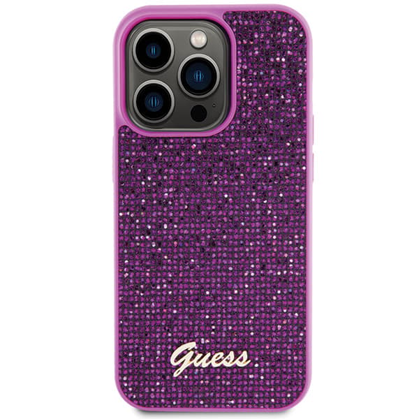 Guess Disco Metal Script-etui til iPhone 15 Pro, Fuchsia/Fuchsia