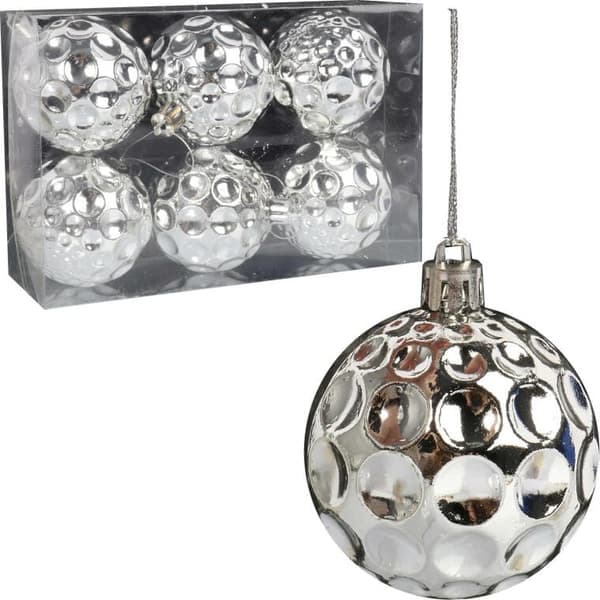 Set med 6 sølvfarvede plastkuler 6 cm til juldekorationer