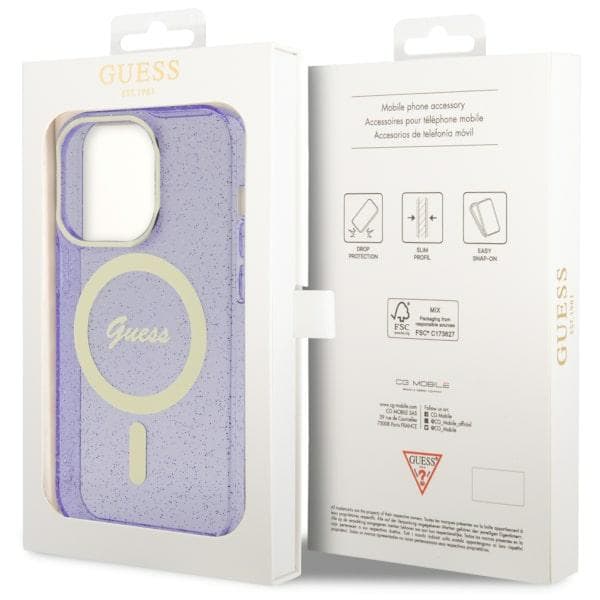 Guess Glitter Gold MagSafe-etui til iPhone 14 Pro Max, lilla